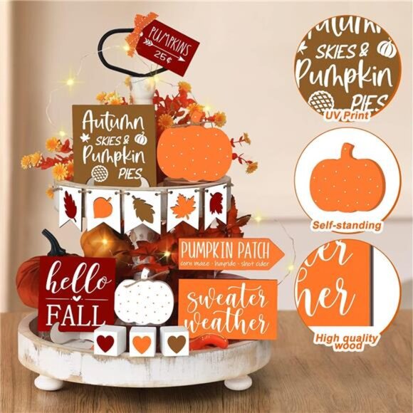 15 Pcs Fall Tiered Tray Decor Set - Autumn Wood Signs, Pumpkins & Gnomes, Autumn - Picture 3 of 7